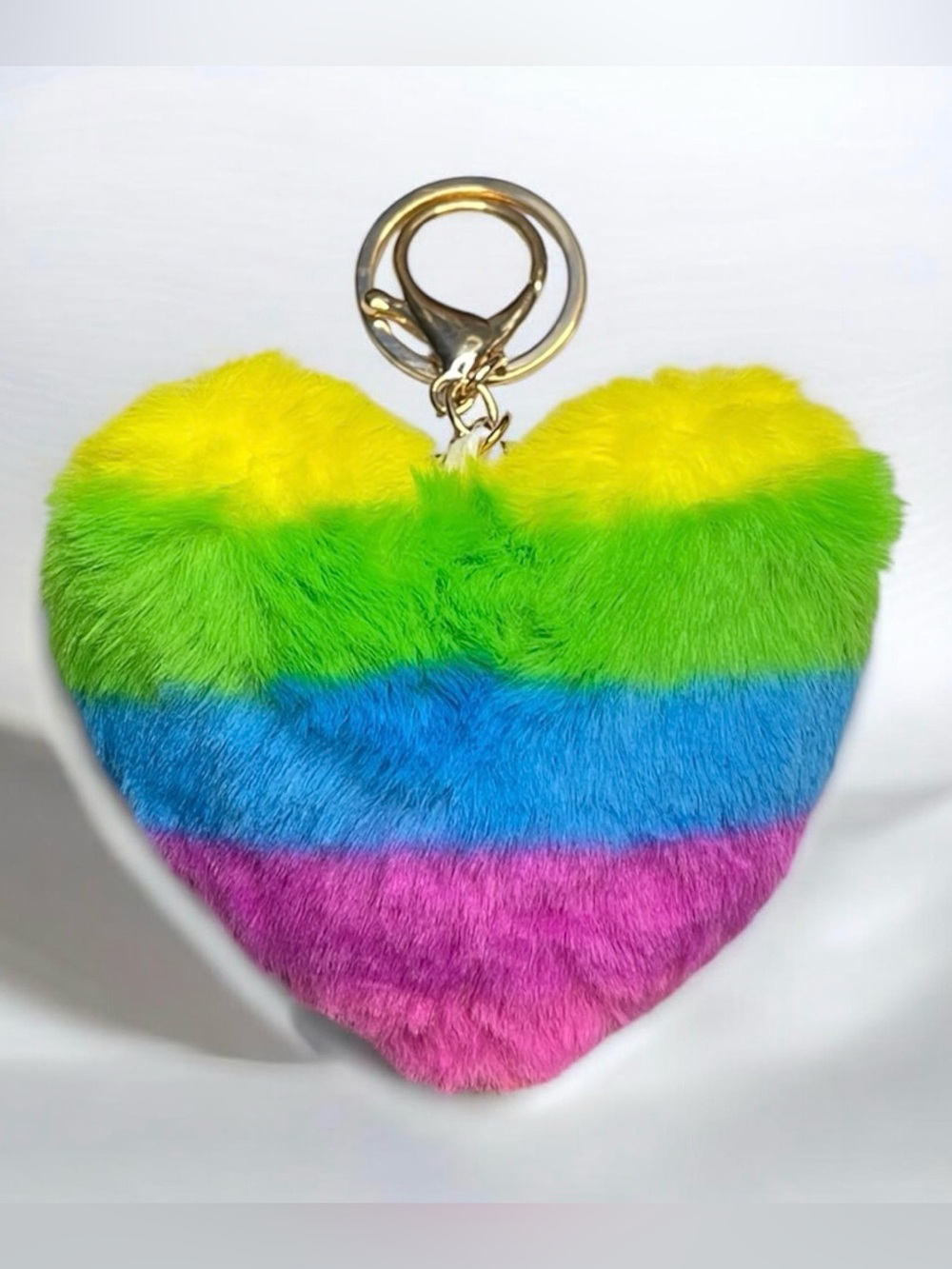 Rainbow Heart Furry Pom Keychain